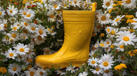 A vibrant yellow rubber boot sits among fresh white daisies in a garden after the rain, showcasing nature's beauty and playful charm.の素材