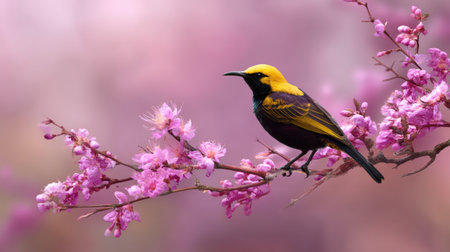 A beautiful bird with vibrant yellow and purple feathers sits gracefully on a flowering branch, set against a soft pink background, evoking a serene spring atmosphere.の素材