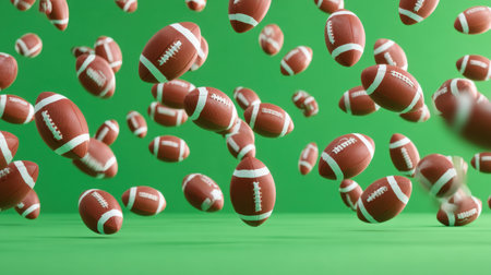 A vibrant image of footballs captured in motion against a bright green background, ideal for sports-related themes, showcasing energy and excitement.の素材