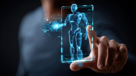 A person interacts with a holographic display of a robot, highlighting the synergy between humans and advanced technology in a modern setting.の素材