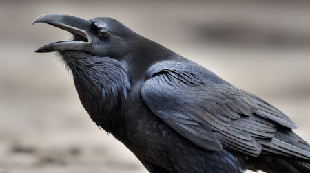 A stunning close-up of a raven in its natural habitat, showcasing its intricate feather details and expressive open beak. The image captures the essence of wildlife.の素材