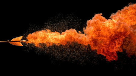 A striking image of an arrow launching through a fiery explosion, surrounded by vibrant smoke against a black backdrop. Perfect for creative projects.の素材