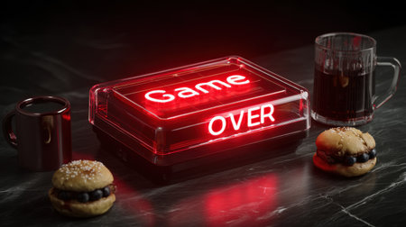 A vibrant red neon sign reading "Game Over" sits on a dark marble surface, surrounded by coffee and sweet treats, creating a playful and cozy atmosphere.の素材