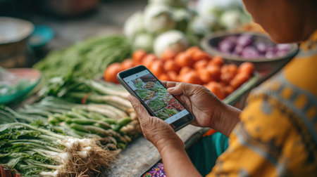 A person engages with a smartphone while exploring various fresh vegetables at a vibrant market stall, surrounded by colorful produce.の素材