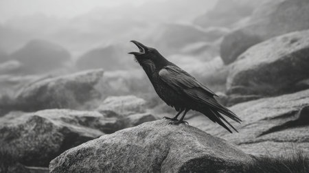 A striking black and white photograph featuring a raven perched on a rock amidst a foggy landscape, evoking mystery and solitude.の素材