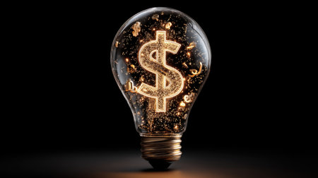 A striking light bulb glows with a dollar sign inside, surrounded by sparkling currency symbols, symbolizing creativity and financial ideas.の素材