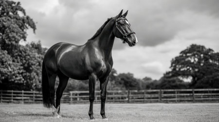 A striking black horse stands elegantly in a green field, framed by a dramatic cloudy sky, capturing the essence of equine beauty and grace.の素材