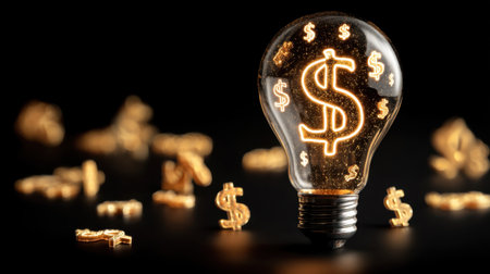 This unique image showcases a light bulb filled with glowing dollar signs, symbolizing ideas related to finance and wealth generation. The dark background adds depth.の素材