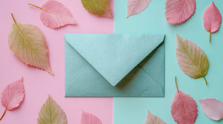 This vibrant composition features a pastel background with pink and green leaves surrounding an open envelope, highlighting creativity and nature. Perfect for card designs and visual art projects.の素材