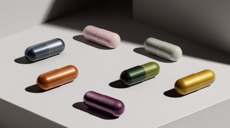 A captivating arrangement of colorful capsules on a minimalist surface, highlighting various shapes and shades in a modern aesthetic. Perfect for wellness and healthcare themes.の素材
