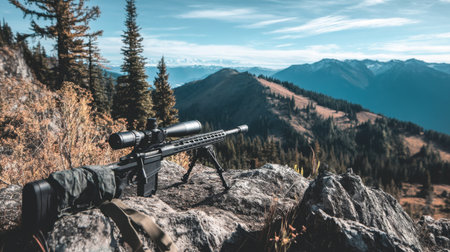 A precision rifle rests on rocky terrain, showcasing advanced features against a breathtaking mountain landscape and clear sky.の素材
