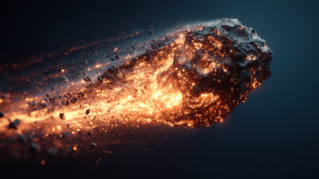 A breathtaking depiction of a fiery meteor streaking through the dark expanse of space, illuminating the surroundings with glowing particles and trails of light.の素材