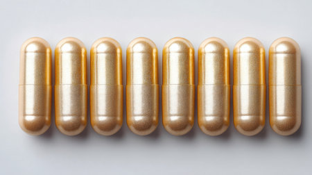 A series of shiny golden capsules aligned perfectly on a white background, ideal for representing health, nutrition, and wellness concepts.の素材