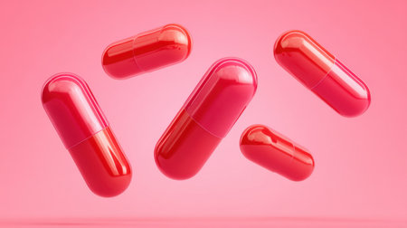 A captivating image of vibrant red and pink capsules elegantly floating against a soft pink background, ideal for health and wellness themes.の素材