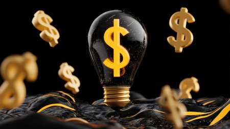 A creative depiction of a light bulb featuring a dollar symbol, surrounded by floating dollar signs, ideal for finance and business concepts.の素材