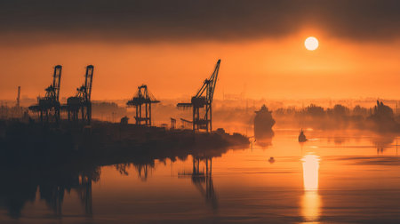 A stunning scene of a tranquil harbor at dawn, featuring silhouetted cranes against a vibrant sunrise reflecting on the calm water, evoking serenity.の素材