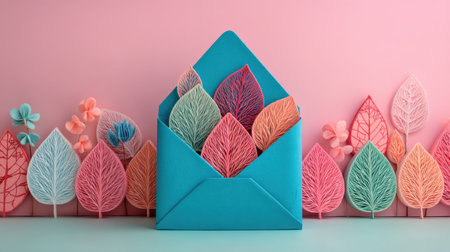 A creatively arranged envelope holds vibrant, decorative leaves, set against a soft pink background, ideal for floral and artistic themes.の素材
