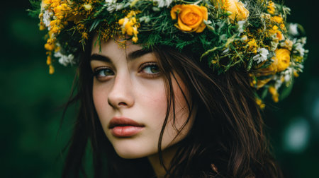A captivating portrait of a young woman adorned with a flower crown, set against a lush green background. Her serene expression and natural beauty evoke feelings of tranquility and joy.の素材