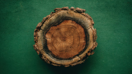 This image features a rustic wooden log displaying intricate textures and growth rings, set against a vibrant green background, ideal for nature and design themes.の素材