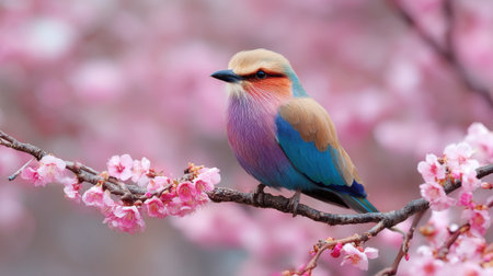 A striking bird with vivid colors sits gracefully on a branch adorned with pink cherry blossoms, capturing the essence of spring's beauty.の素材