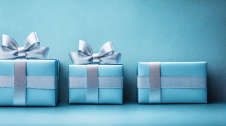 A collection of three elegant blue gift boxes adorned with shiny ribbons on a soft, matching background, perfect for celebrations.の素材
