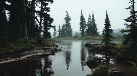 A serene foggy morning scene showcasing a tranquil forest beside a calm lake. Tall evergreen trees reflect on the water's surface, creating a peaceful atmosphere.の素材