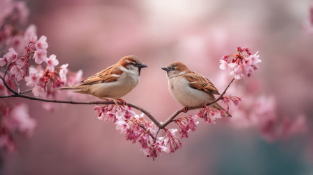 Two adorable sparrows rest on a branch, surrounded by soft pink cherry blossoms, creating a serene spring scene that celebrates nature's beauty.の素材