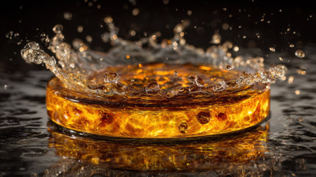 This captivating image captures a vibrant splash of amber liquid, surrounded by dynamic bubbles and ripples, showcasing natural beauty and fluid motion.の素材