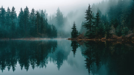 This stunning image captures a serene forest landscape enveloped in mist, with evergreen trees mirrored in calm waters. Ideal for nature lovers.の素材