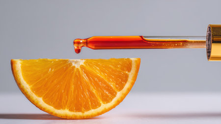 This image features a vibrant orange slice alongside a dropper containing serum, emphasizing freshness and natural beauty in skincare routines.の素材
