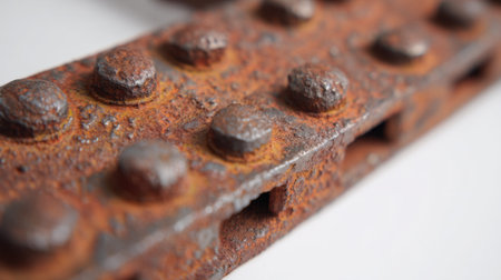 This close-up image captures the intricate details of a rusty metal plate adorned with rivets. The textures showcase decay, providing an industrial aesthetic perfect for various creative projects.の素材