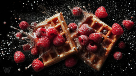 Two golden waffles lie together, garnished with juicy raspberries, as water droplets create an exciting splash, epitomizing a delicious breakfast treat.の素材