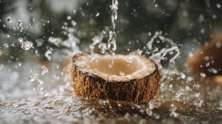 A stunning image of a coconut shell surrounded by splashes of water, highlighting the refreshing essence of tropical environments and natural delights.の素材
