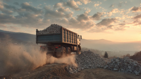 A heavy dump truck is transporting gravel across a rugged terrain at sunset. Dust rises from the wheels, showcasing the rugged beauty of the landscape.の素材