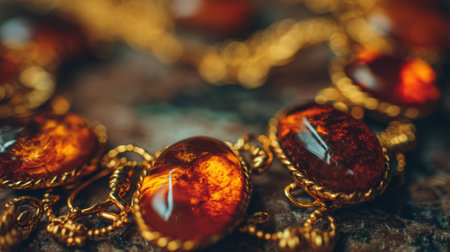 This stunning close-up captures the intricate details of amber jewelry, showcasing vibrant orange stones intertwined with golden chains.の素材