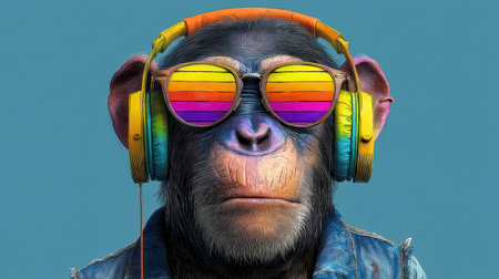 This vibrant artwork features a stylish monkey adorned with colorful headphones and sunglasses, set against a bright blue background. Perfect for creative projects.の素材
