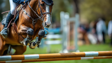 A dynamic moment captured of a horse and rider soaring over a hurdle in an equestrian event, showcasing their skill and determination.の素材