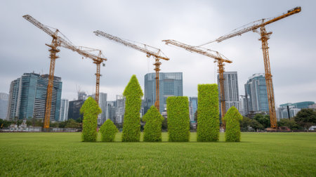 This image captures the essence of urban development and sustainability, featuring green grass bar charts amidst construction cranes in a modern city.の素材
