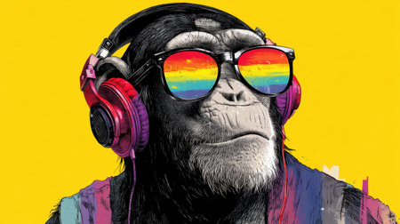 A playful illustration of a monkey wearing funky sunglasses and headphones, set against a vibrant yellow background, showcasing a fun and trendy vibe.の素材