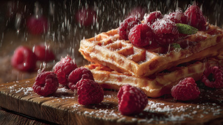 A close-up image of warm waffles stacked on a rustic wooden board, garnished with fresh raspberries and powdered sugar, evoking a cozy breakfast atmosphere.の素材
