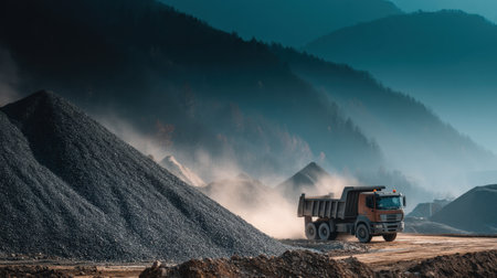 An imposing dump truck navigates a misty mountain landscape, transporting gravel from a construction site amidst rocky terrains and dust.の素材