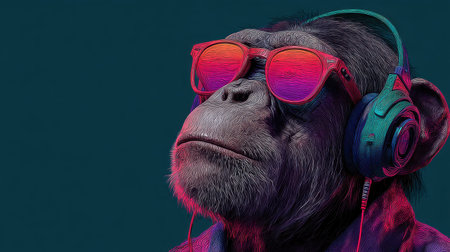 A cool monkey wearing sunglasses and headphones showcases a stylish and vibrant personality. This fun illustration captures a playful vibe, perfect for creative projects.の素材