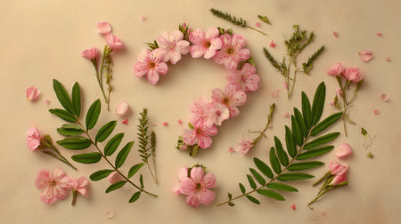 A beautiful arrangement of delicate pink flowers and green leaves creatively shaped into a question mark, symbolizing inquiry and beauty in nature.の素材