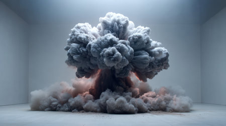 A massive explosion cloud fills a modern empty space, showcasing dynamic smoke and debris. The dramatic lighting enhances the intensity and intrigue of the scene.の素材