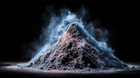 A striking visual of a dust eruption resembling a mountain peak, surrounded by swirling clouds, set against a black backdrop. Ideal for artistic and environmental themes.の素材