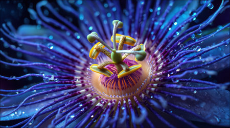 This stunning close-up features a vibrant blue flower with intricate yellow stamen and glistening water drops, showcasing nature's exquisite beauty.の素材