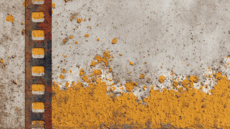 Explore a unique weathered texture featuring an orange paint surface and an old film strip, perfect for artistic projects and backgrounds.の素材