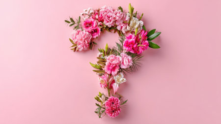 This captivating design features a question mark artfully arranged with pink flowers on a soft pink background, perfect for creative concepts, inquiries, and elegant designs.の素材