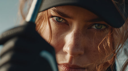 A striking close-up of a young female golfer showcasing her intense focus and determination. The image captures her captivating green eyes, framed by sunlight, as she prepares for her swing, embodying the spirit of commitment and athletic excellence.の素材