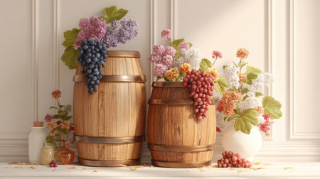 Experience a serene tabletop scene featuring rustic wooden barrels adorned with fresh grapes and vibrant flowers, evoking a warm, inviting atmosphere perfect for home decor and creative design.の素材